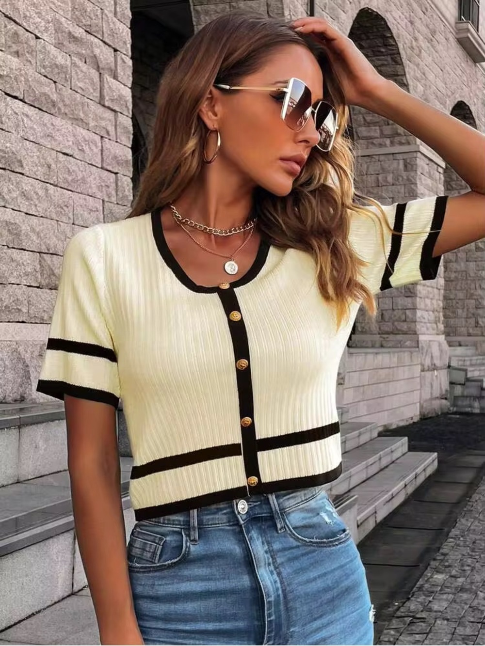 Knit Mix Contrast Trim Button Detail Knit Top